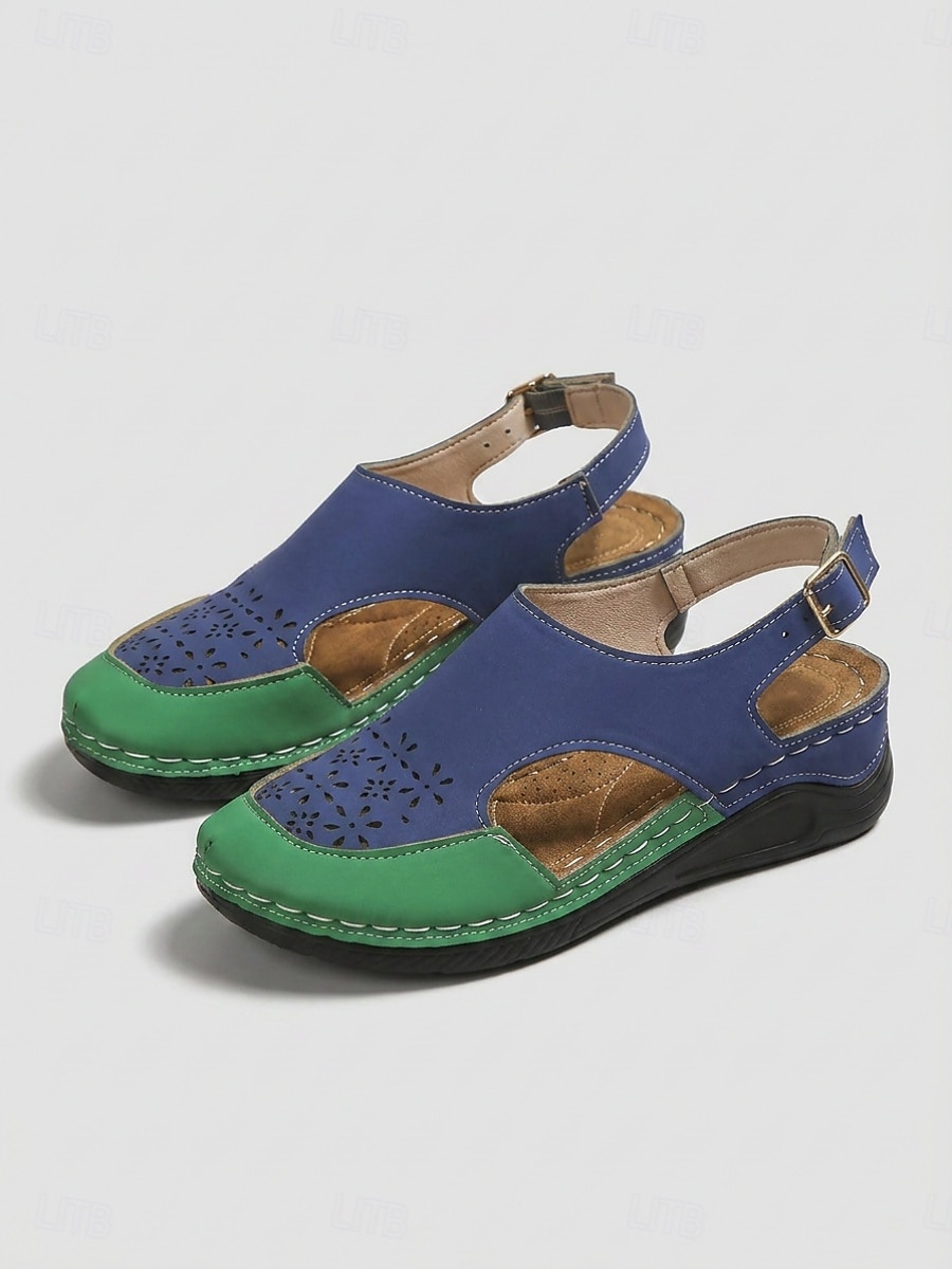 Damessandalen met gesloten neus in twee kleuren - comfortabele wedgehakken met uitgesneden details en geperforeerde bloemenaccenten. &Verstelbare enkelgesp, ademende casual sandalen voor dagelijks 2026 - $24.99 –P1