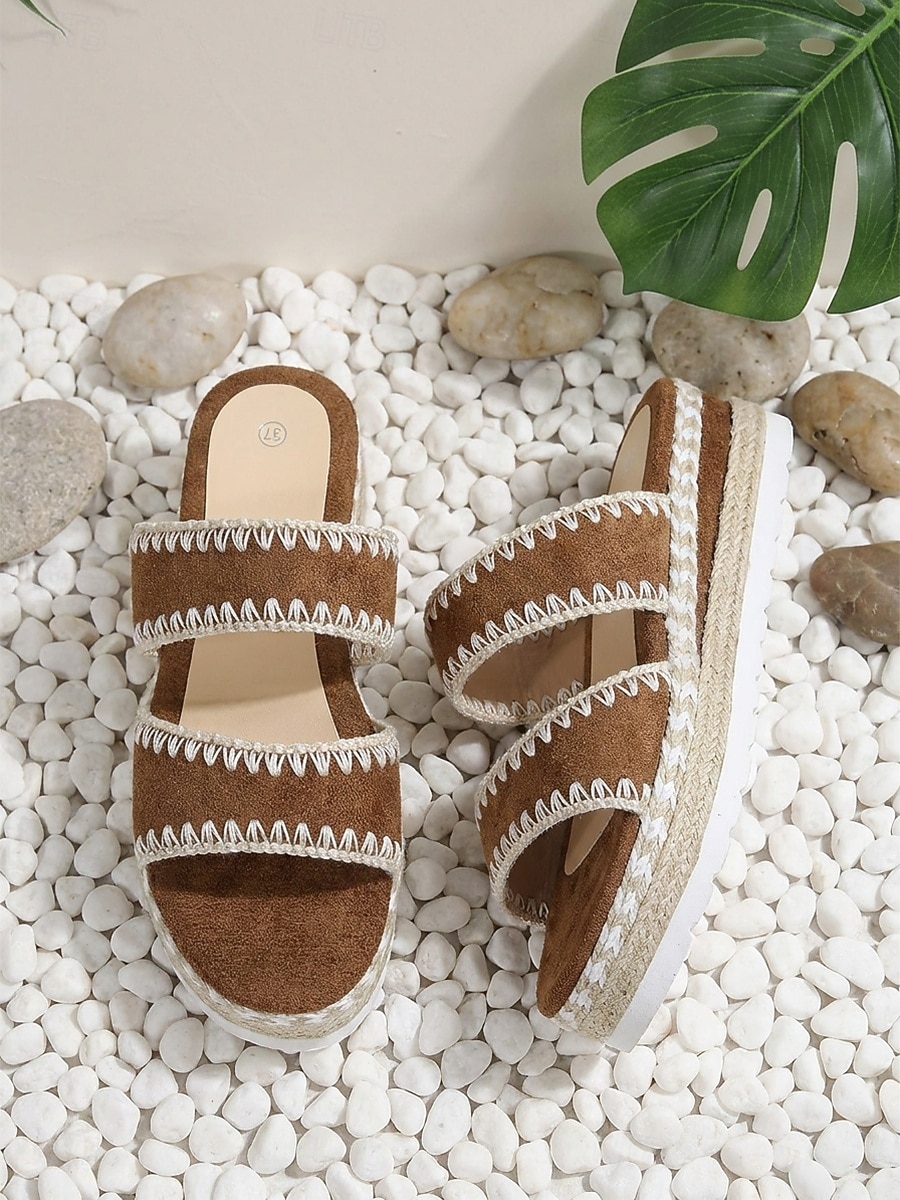 Women's Boho Espadrille Sandals - Brown Suede Double Strap Platform Slides with Woven Stitching for Outdoor Resort, Beach Vacation & Pool Party 2026 - $26.99 –P2