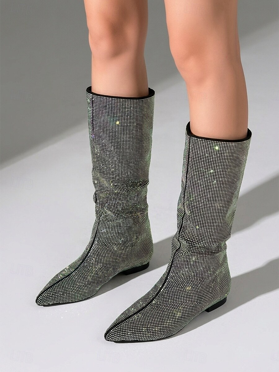 Women's Sparkly Rhinestone Knee High Boots - Sexy Pointed Toe Slouchy Boots for Parties and Night Out 2026 - $129.99 –P2
