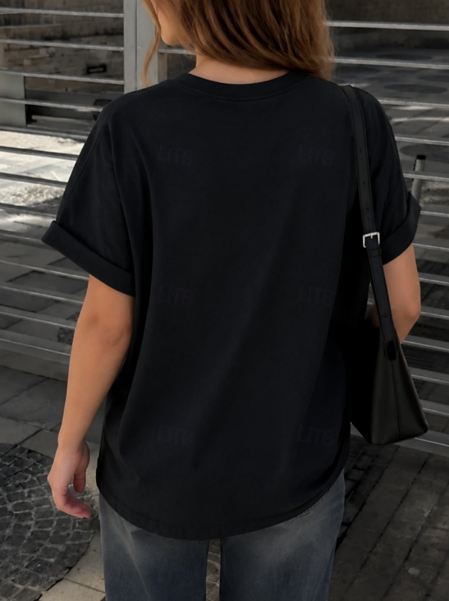 Women's T Shirt Tee Top Rolled Cuff Curved Hem Solid Color Stylish Classic Short Sleeve Crew Neck Regular Tops Casual Going out Black White Pink Gray Summer Spring 2026 - $18.49 –P3