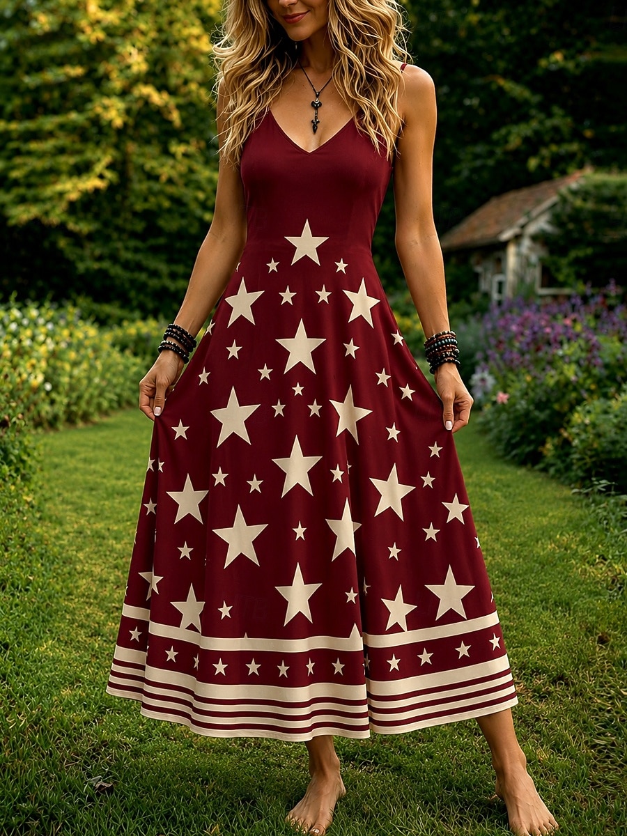 Jour de l'Indépendance Américaine Femmes Robe Midi Robe trapèze Robe Nuisette Vacances Occasionnel Coupe régulière Graphique Drapeau Sans manches Col en V Bleu Vin Rouge Été Printemps de 2026 ? $36.99 –P3