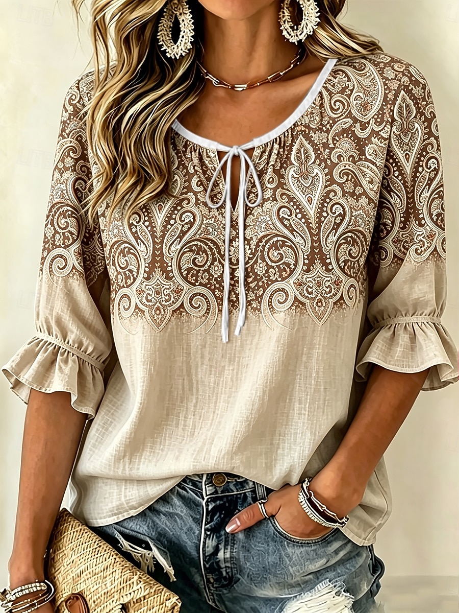 Dames Blouse Afdrukken Ombre Grafisch Paisley Vintage Dagelijks Stijlvol Halve mouw Stropdas nek Normale tops Casual Dagelijks blauw Khaki Blozend Roze Zomer Lente 2026 - $27.99 –P3