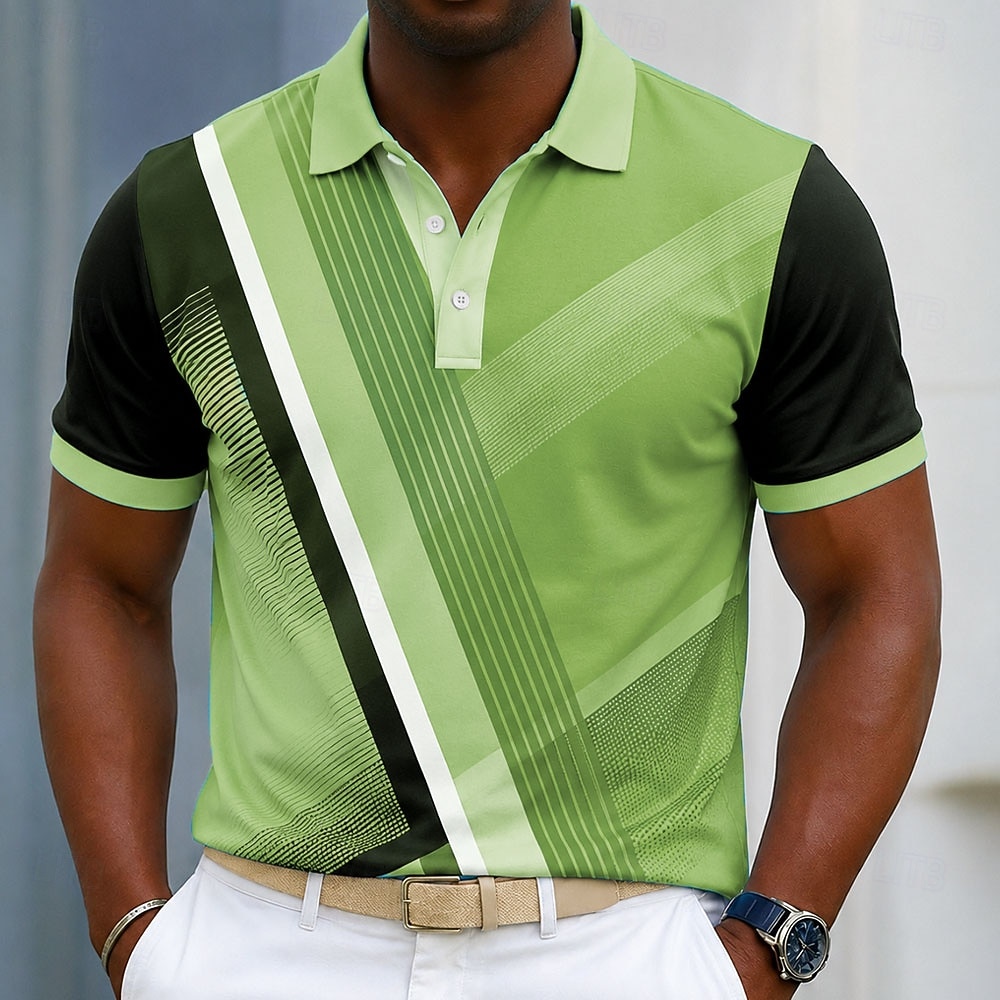 Men's Geometic Line Polo Shirts Short Sleeve Polo Shirts Collared Shirts Casual Athleisure 3D Print Buttons Breathable Mesh Spring & Summer Blue Light Green Green 2026 - $22.99 –P1