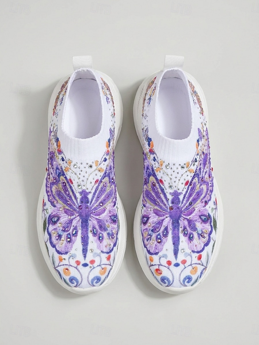 Tênis slip-on feminino roxo vibrante com estampa de borboletas - calçado esportivo leve com plataforma e detalhes em strass. &Tênis casual de malha respirável, ideal para caminhadas leves e passeios de 2026 por $32.99 –P2