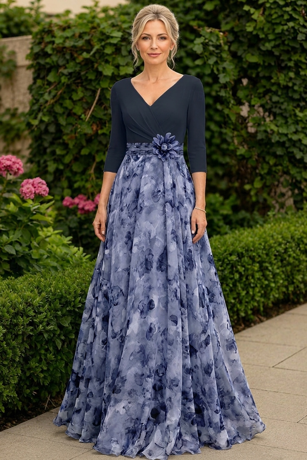 Krój A Sukienki Sięgająca podłoża Sukienka dla gościa weselnego Suknia wieczorowa Sukienka dla matki panny młodej Rękaw 3/4 W serek Elegancja Prosty Udekorowany Formalny Gość weselny Święto Szyfon 2026 - $205.89 –P5