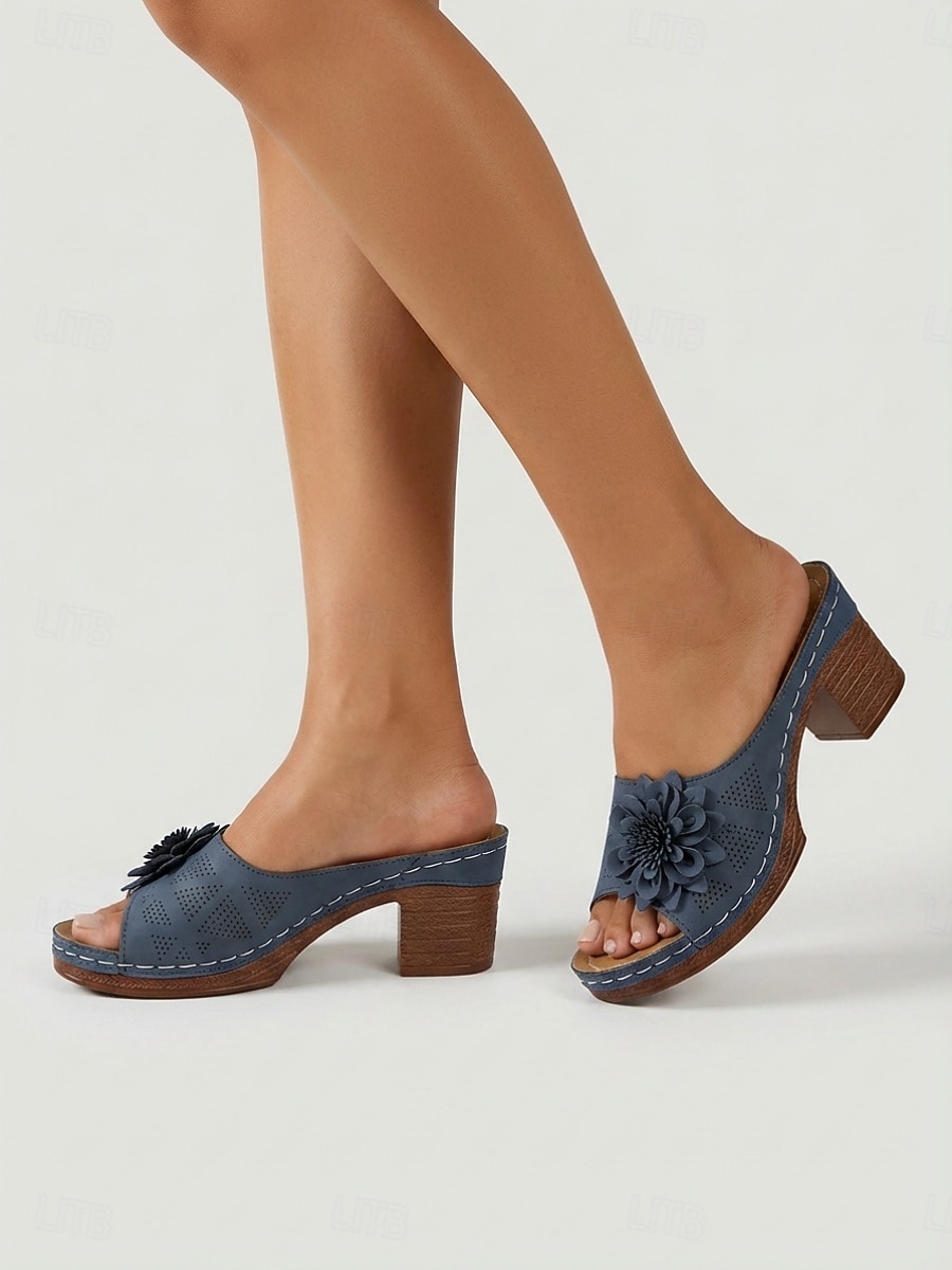 Sandalias azules de tacón ancho con estampado floral para mujer: cómodas sandalias tipo mule sin cordones con suela acolchada para viajar y comprar. &uso diario 2026 - $24.99 –P2