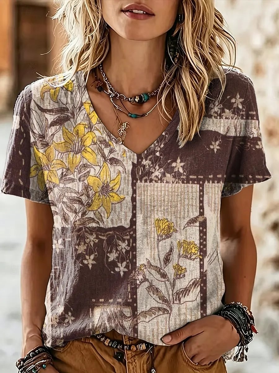 Per donna Maglietta Stampato Floreale Grafico Elegante Classico Casual Manica Corta Scollo a V Top Regolari Casuale Quotidiano Rosa Marrone Estate Primavera del 2026 a $21.99 –P2