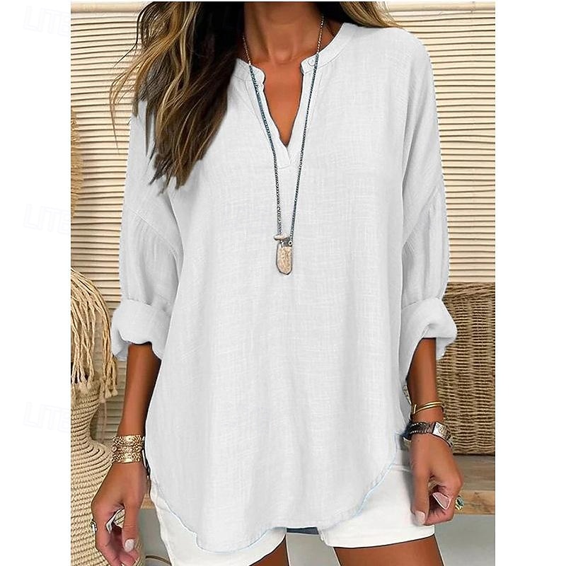 Women's Shirt Cotton Linen Shirts Cotton Blend Blouse Solid Color Plain Basic Long Sleeve Notched Neck Regular Tops Casual Daily White Sky Blue Spring Fall 2026 - $24.99 –P2
