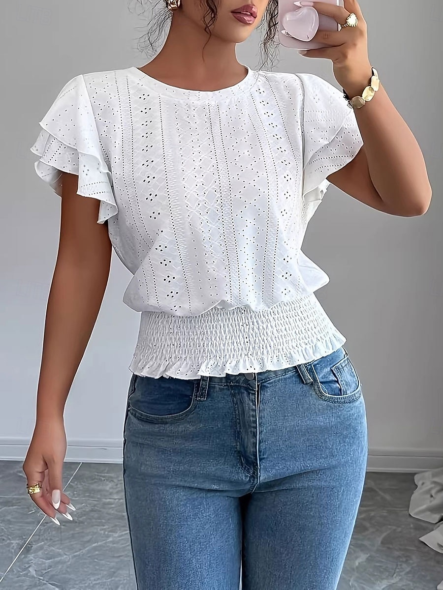 Per donna Camicia traforata Top traforato Camicia con volant Traforato Tinta unica Vintage Elegante Senza Maniche Top Regolari Casuale Bianco Rosa Azzurro Estate Primavera del 2026 a $18.49 –P2