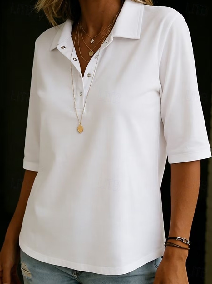 Women's Blouse Buttons Solid Color Elegant Vacation Daily Half Sleeve Turndown Shirt Collar Long Tops Casual Daily Going out White Yellow Sky Blue Green Summer Spring 2026 - $28.99 –P2
