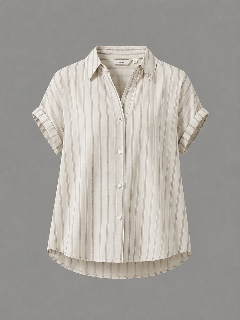 Women's Shirt Button Up Buttons Striped Fashion Casual Short Sleeve Turndown Regular Tops Casual Apricot Summer Spring 2026 - $31.99 –P1