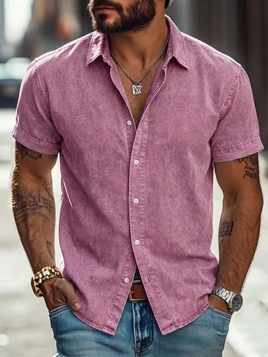 Men Shirt Casual Shirt Button Up Shirt 100% Cotton Acid Wash Shirt Acid Wash Shirt Blue Black Pink Navy Blue Purple Short Sleeve Plain Shirt Collar Casual Daily Clothing Apparel Elegant Fashion Casual 2026 - $31.99 –P3