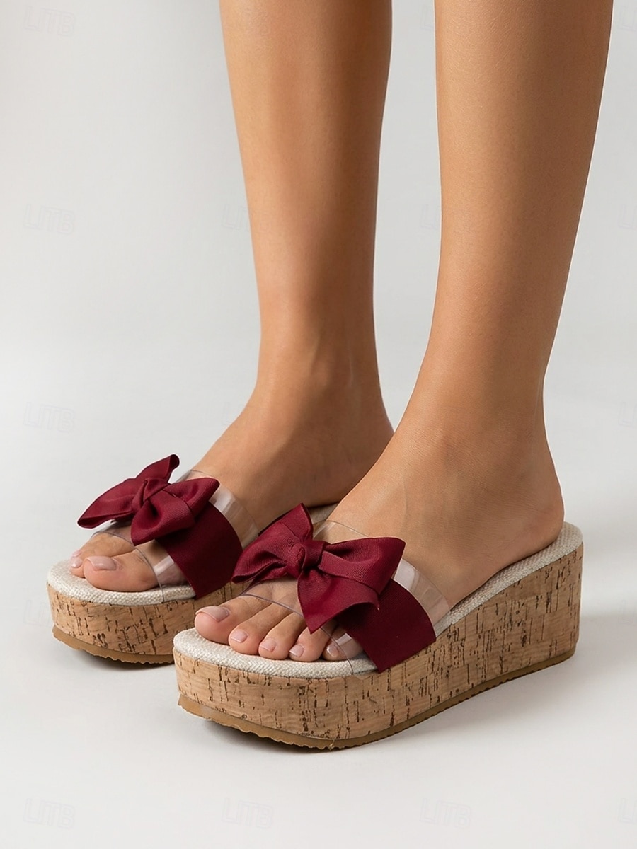 Sandali con zeppa e plateau da donna color bordeaux con fiocco - cinturini trasparenti per un look casual e feste estive in giardino &vacanze del 2026 a $26.99 –P2