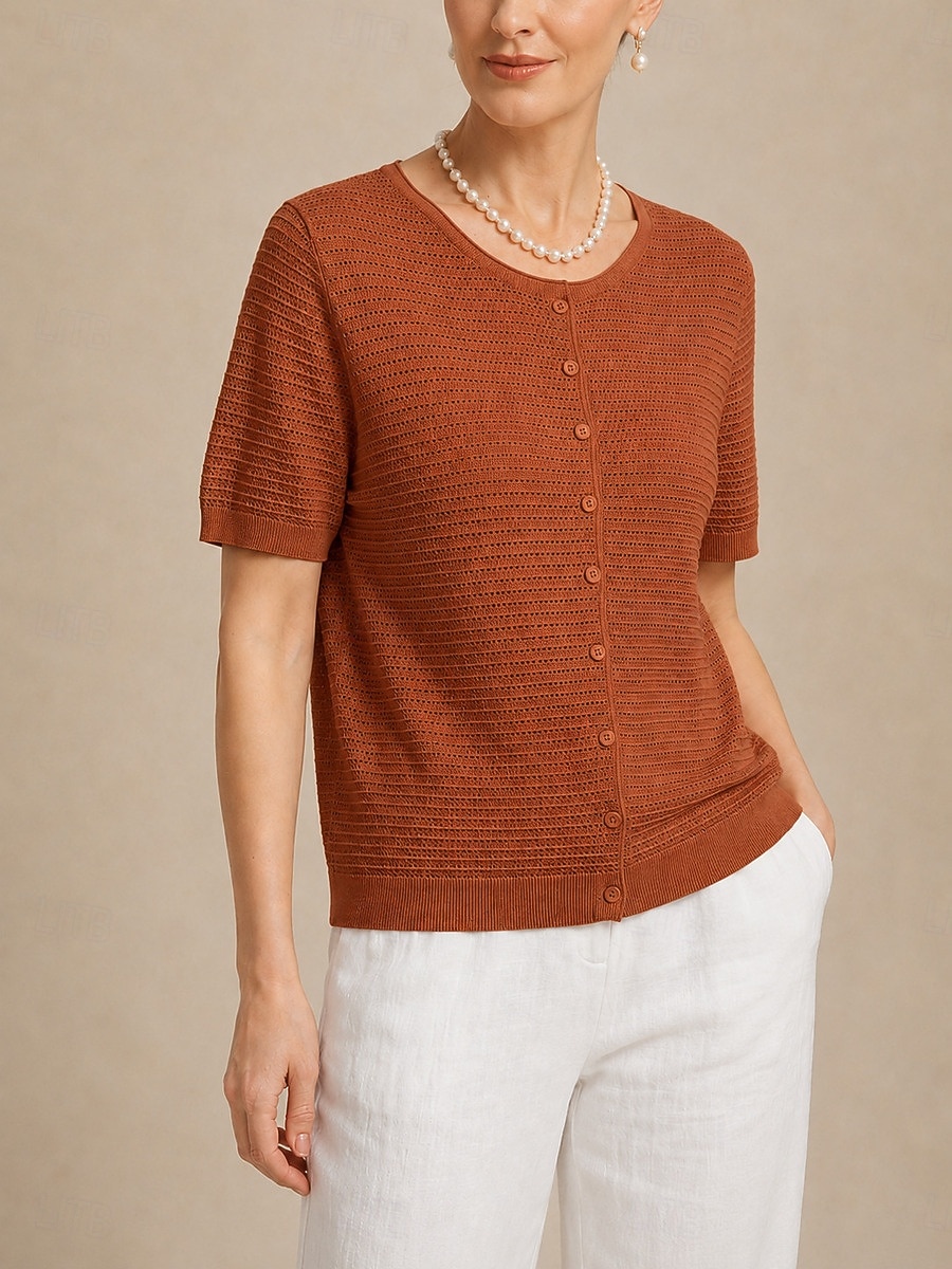 Per donna Top traforato Maglietta Tinta unica Elegante Casual Manica Corta Girocollo Top lunghi Casuale Giallo Arancione Beige Estate Primavera del 2026 a $35.99 –P5
