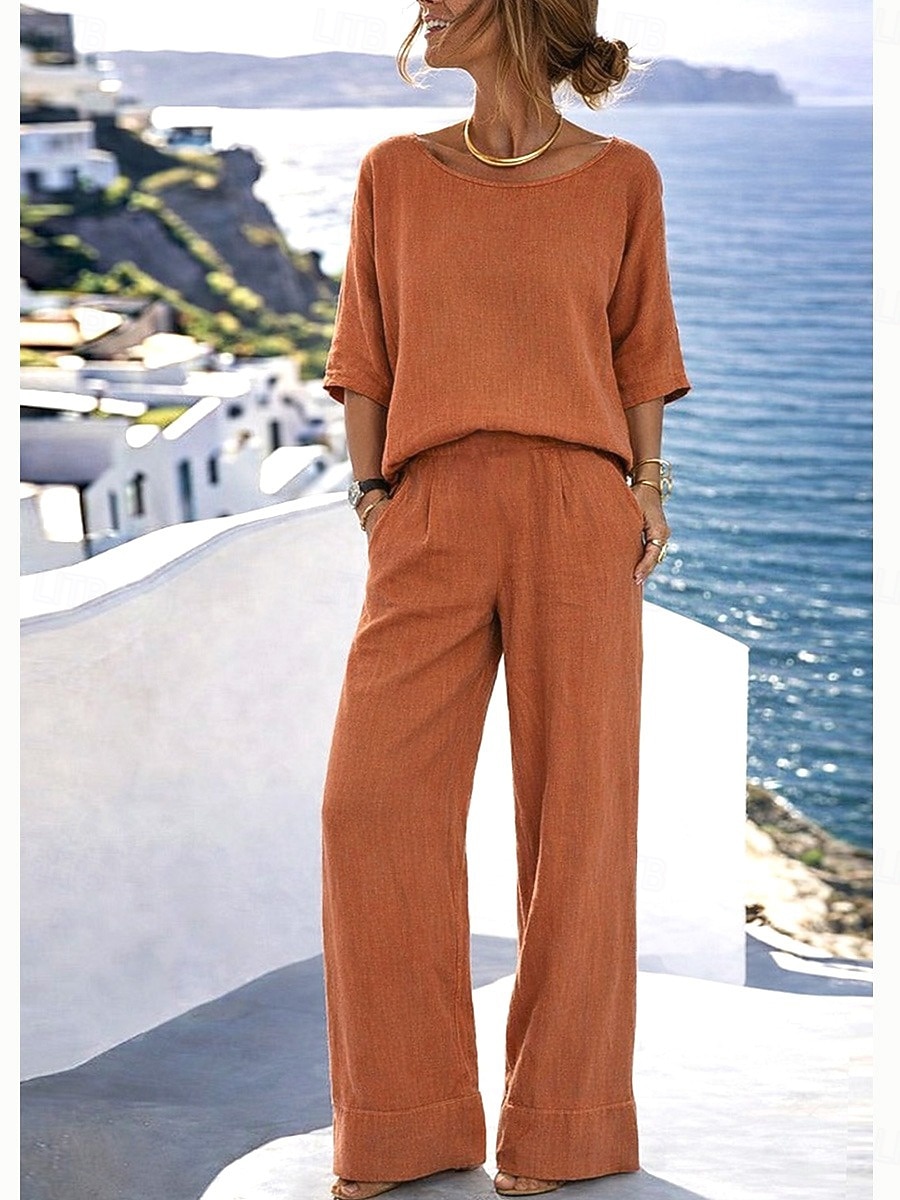 Women's Cotton Linen Sets Pants Sets Bolero Top Half Sleeve Crew Neck Solid Color Fashion Streetwear Casual Daily Outdoor Blue Black White Summer Regular Fit 2026 - $37.99 –P8