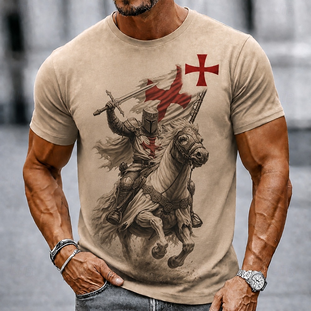 Homens Cavalo Cavaleiros Templários Cruz Camiseta Manga Curta Camiseta Impressão 3D Gola Redonda Camisa Religioso Diário Rua Feriado Preto cáqui Todas as Estações Roupa S M L XL XXL XXXL de 2026 por $18.99 –P1