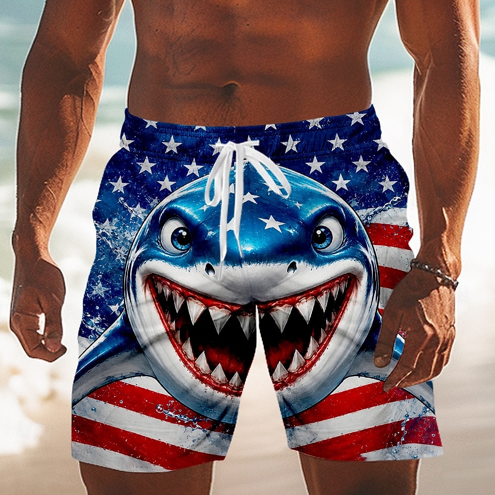 2026 250-årsjubileum Herrars Haj Amerikanska flagga Badshorts Badkläder Simshorts Board Shorts Mellan Midja Patriotisk Daglig Semester Sidfickor Nätfoder Elastisk Dragsko Midja Designer 2026 - $20.99 –P1
