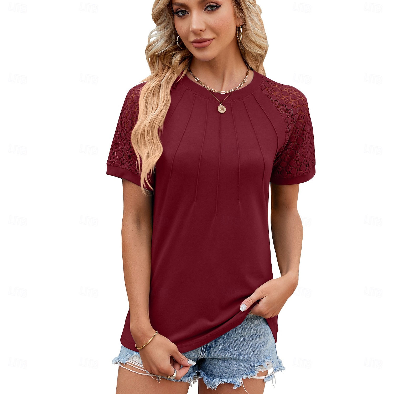 Women's T Shirt Tee Top Lace Plain Elegant Stylish Short Sleeve Raglan Sleeves Round Neck Long Tops Casual Daily Black White Wine Sky Blue Summer Spring 2026 - $24.99 –P3