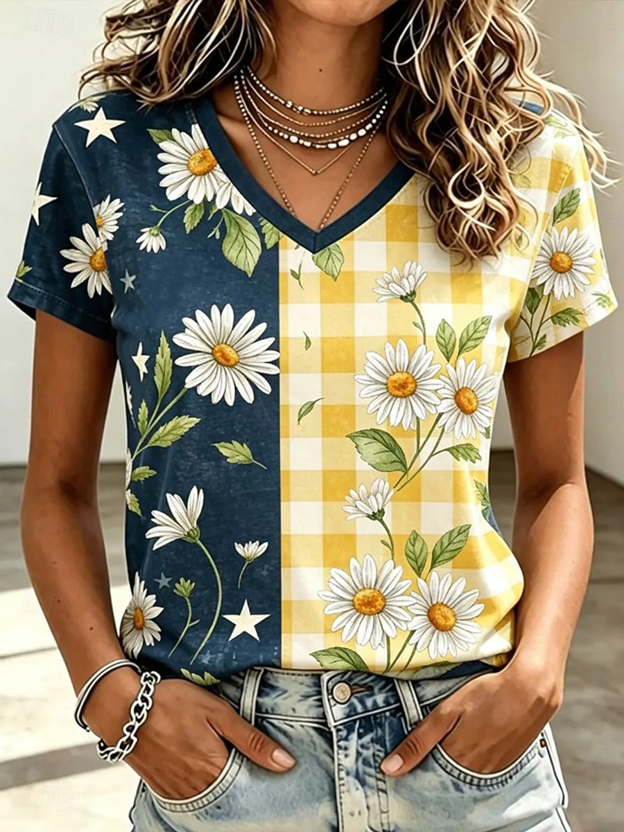 Semana Santa Mujer Camiseta Estampado Floral Graphic Plantas Elegante Clásico Casual Manga Corta Escote en Pico Tops regulares Casual Diario Amarillo Verano Primavera 2026 - $21.99 –P1