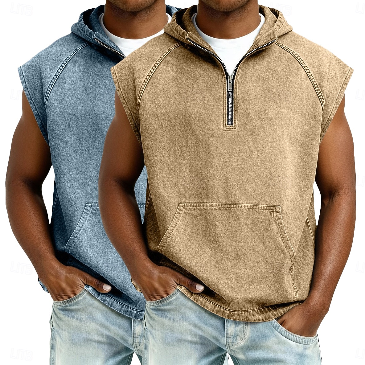 softfade™ canotta da uomo 2 pezzi top gilet top in denim camicia lavaggio acido senza maniche cappuccio zip estate primavera semplice capo basic tinto cappuccio casual vacanza strada nero kaki top del 2026 a $62.99 –P9