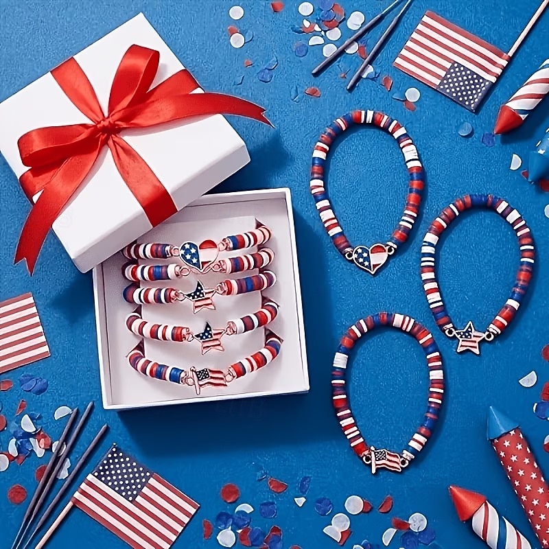 Conjunto de 15/30 pulseiras elásticas patrióticas vermelhas, brancas e azuis para mulheres, pulseiras retrô boho de argila polimérica com miçangas para a celebração do 250º aniversário, joias para o de 2026 por $22.99 –P6