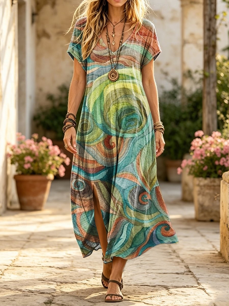 Women's Midi Dress Shift Dress Casual Regular Fit Floral Geometric Abstract Short Sleeve V Neck White Green Beige Summer Spring 2026 - $25.99 –P2