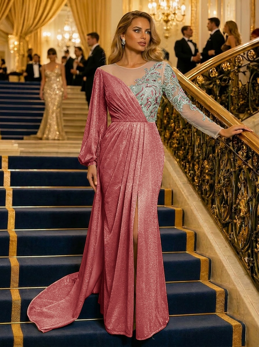 Sirena Tromba Strascico da Corte Abito da Sera Abito da ballo con sopragonna Abito formale Elegante Manica Lunga Scollo Illusione Formale Con Paillettes con Pieghe Paillettes del 2026 a $206.99 –P18