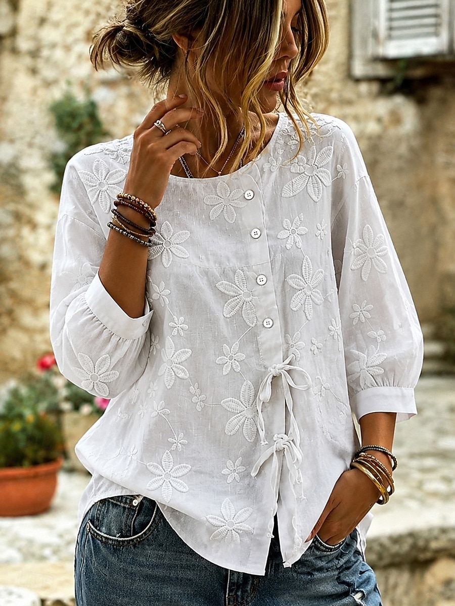 New Year Women's Blouse Lace Solid Color Floral Graphic Vintage Daily Stylish Short Sleeve Crew Neck Long Tops Casual Daily White Summer Spring 2026 - $26.99 –P3