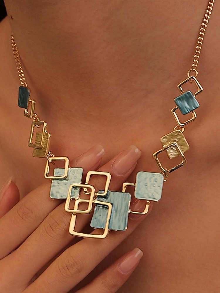 Women's Bohemian Geometric Square Jewelry Set, Gold Alloy Enamel Necklace & Drop Earrings, Colorful Modern Statement Accessories for Vacation, Travel and Daily Casual Wear 2026 - $14.99 –P8