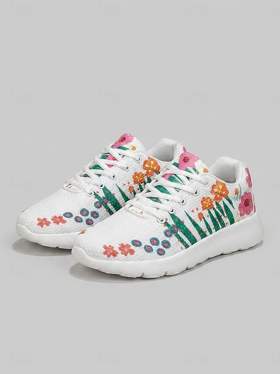 Women's White Floral Print Breathable Sneakers - Lightweight Lace-Up Casual Shoes with Colorful Flower Pattern, Comfortable Non-Slip Footwear for Walking, Travel & Daily Wear 2026 - $34.99 –P1