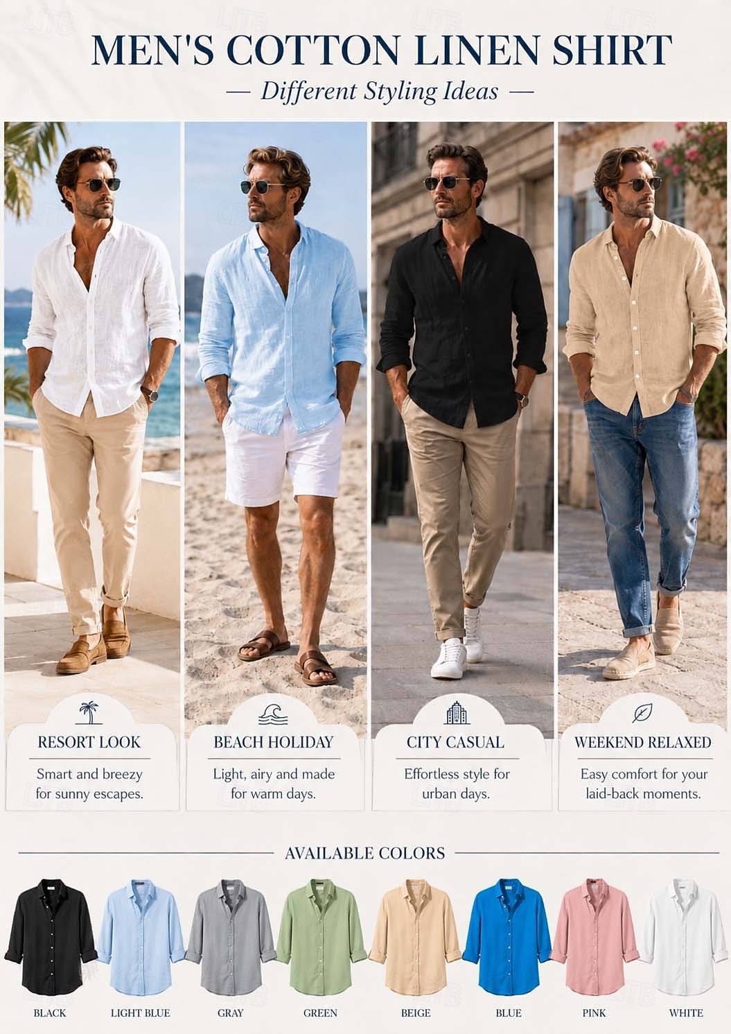 Men's Shirt Linen Shirt Summer Shirt Beach Wear Button Up Shirt Plain Vacation Casual Blue Black White Pink Long Sleeve Turndown Spring & Summer Clothing Apparel 2026 - $26.99 –P2