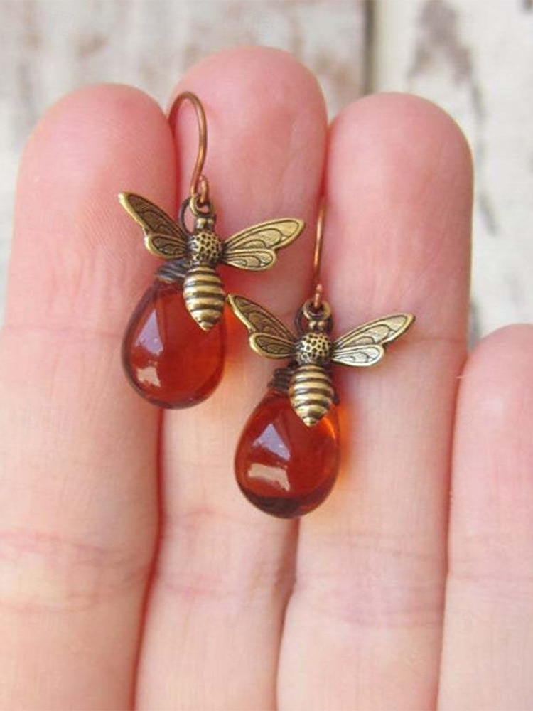 Dámské boho visací náušnice s čmelákem - vintage zlatá slitina &Žluté skleněné křišťálové visací náušnice s motivem včely medonosné pro letní dovolenou na pláži, každodenní nošení &unikátní dárek z 2026 - $7.99 –P4