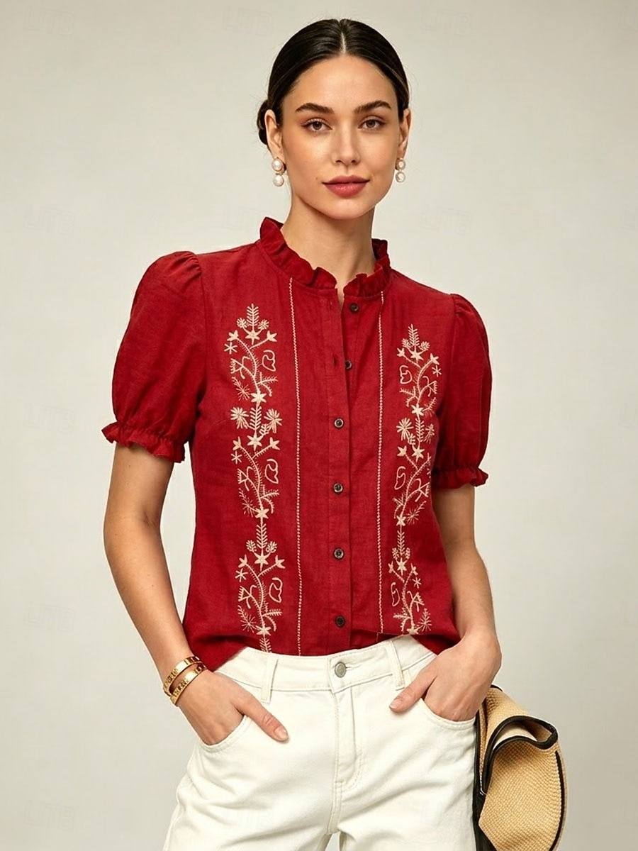 Per donna Camicia Blusa Arricciato Ricamato Stampato Floreale Vintage Elegante Manica Corta Manica a Balze Collo alla coreana Top Regolari Casuale Spiaggia Verde militare Rosso Blu marino Estate del 2026 a $32.99 –P2
