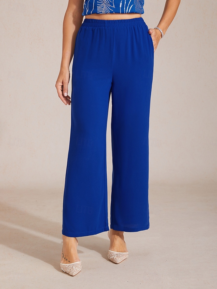 Per donna Gamba larga Chinos Essenziale Lunghezza intera Vita Alta Semplice Tasca Fascia Elastica Comodo Morbido Confortevole Micro-elastico Matrimonio Formale Blu reale Estate Primavera Vestibilit del 2026 a $59.99 –P1
