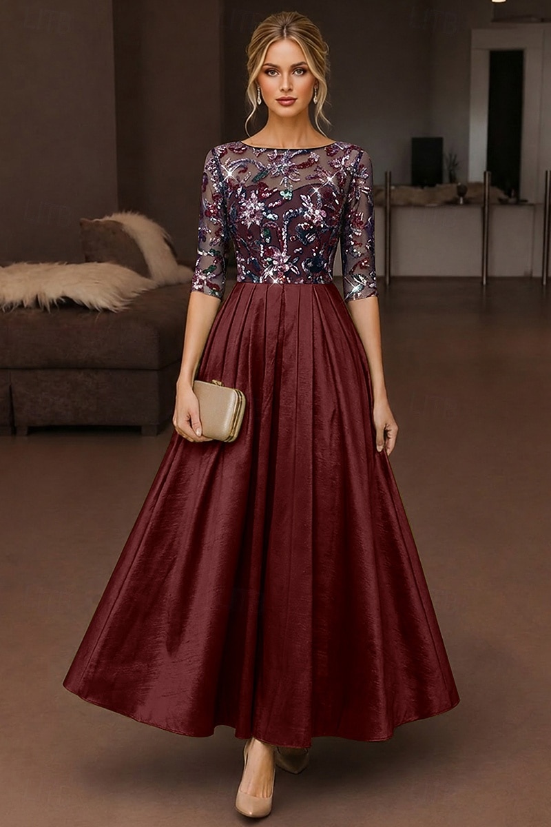 A-Line Ankle Length Tea Length Cocktail Dresses Elegant Sparkle Half Sleeve Boat Neck Wedding Cocktail Party Taffeta Stretch Satin with Lace Pleats Sequin 2026 - $171.99 –P4
