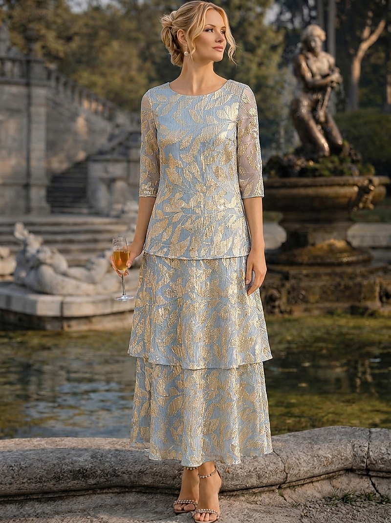 Corte A Hasta el Tobillo Vestido Invitada Boda Vestido de Madrina Media Manga Camiseta con cuello redondo Elegante Formal Semi-formal Doblado Jersey con Estampado flor Plisado Volantes 2026 - $171.99 –P4