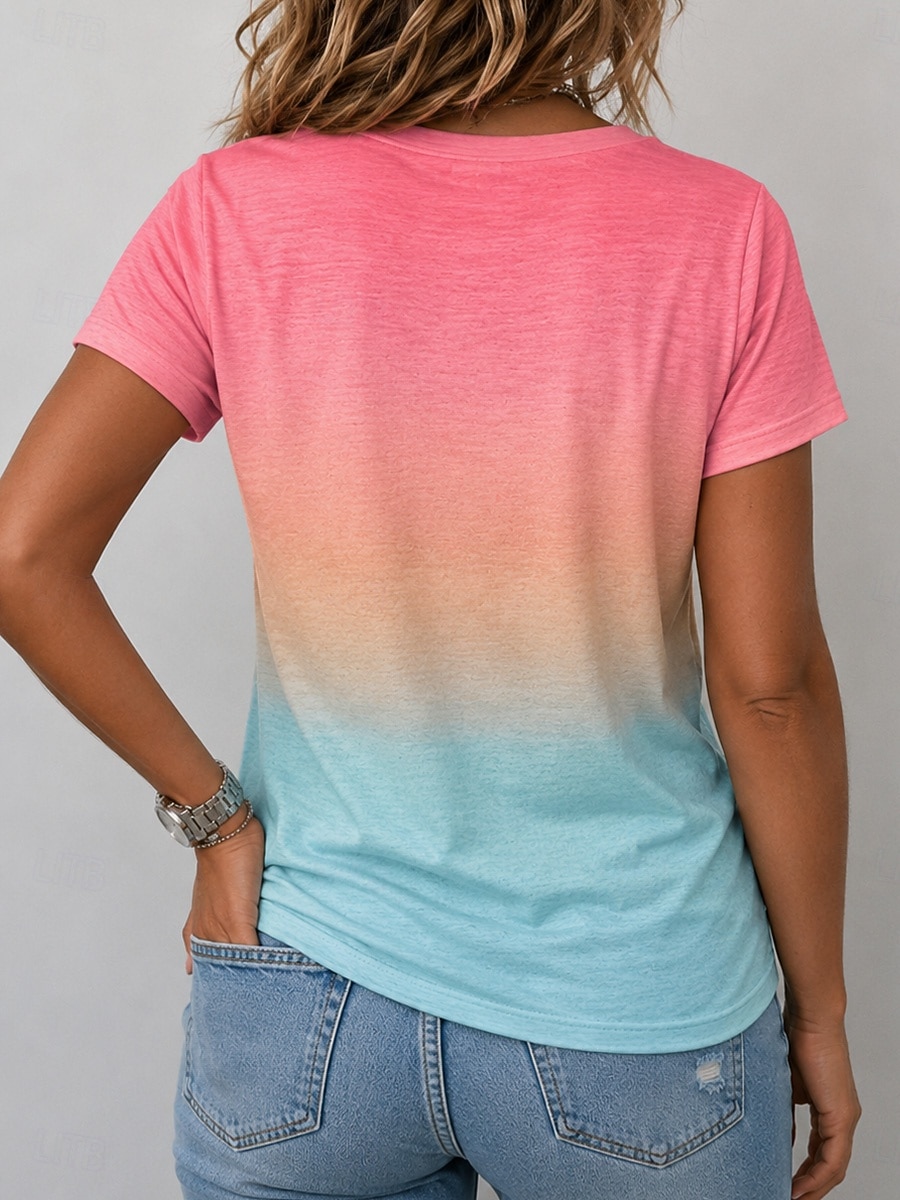 Mujer Camiseta Estampado Ombre Geométrico Degradado Elegante Clásico Casual Manga Corta Escote en Pico Tops regulares Casual Diario Azul Piscina Rosa Naranja Rosa Brillante Verano Primavera 2026 - $8.49 –P5