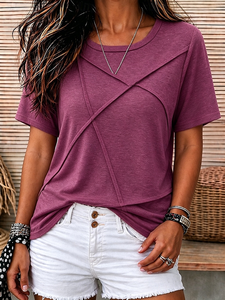 Dames T-shirt Lapwerk Effen Kleur Effen Vintage Casual Korte mouw Vleermuismouw Ronde hals Normale tops Casual blauw Zwart Blozend Roze Oranje Zomer Lente 2026 - $23.99 –P3