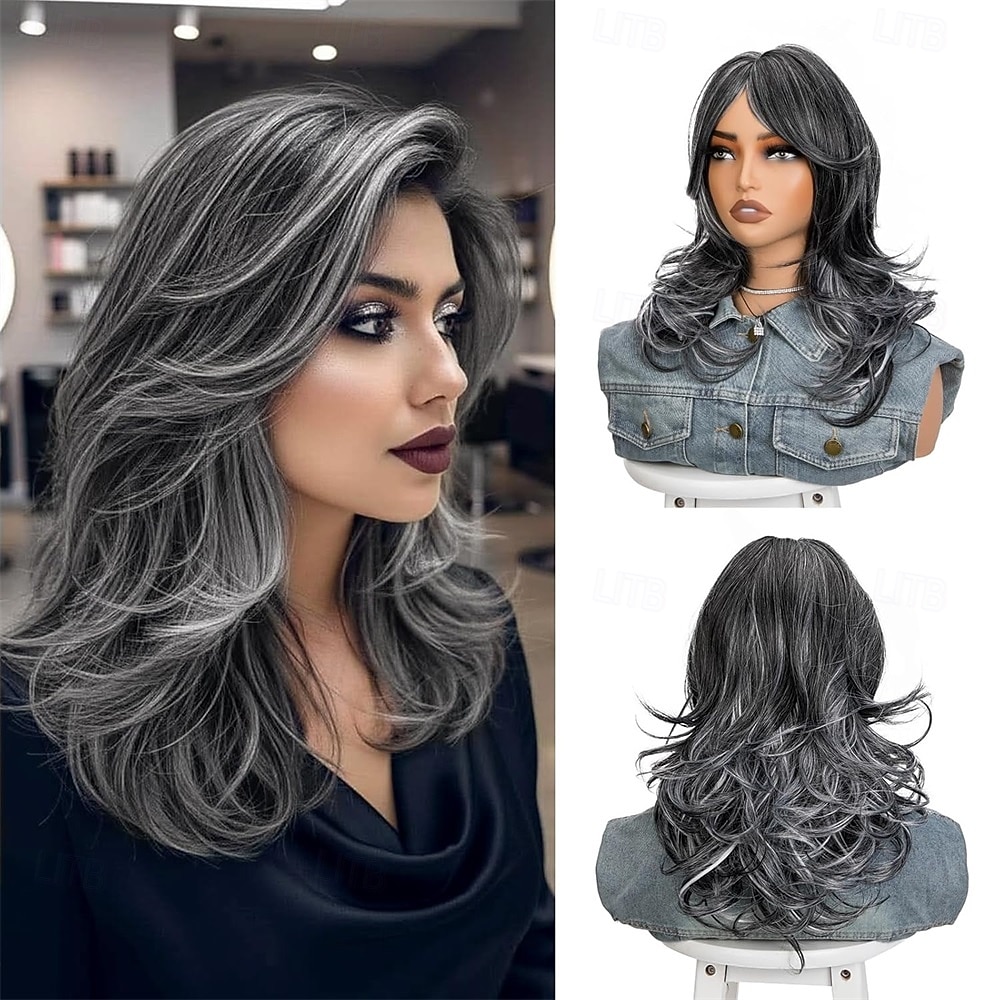 Short Dark Grey Mix Black Layered Wig with Curtain Bangs,Synthetic Gray Layered Wavy Middle Part Butterfly Wigs for Black White Women Daily Party Cosplay Costume 18Inch 2026 - $30.99 –P1