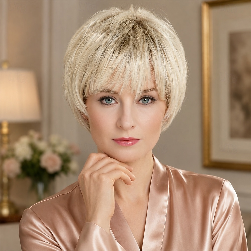 Kurze, platinblonde Pixie-Bob-Perücke mit Pony – gestuftes, aschblondes Kunsthaar für Damen, natürlich voluminöses Haarteil für den Alltag 2026 - $29.99 –P1