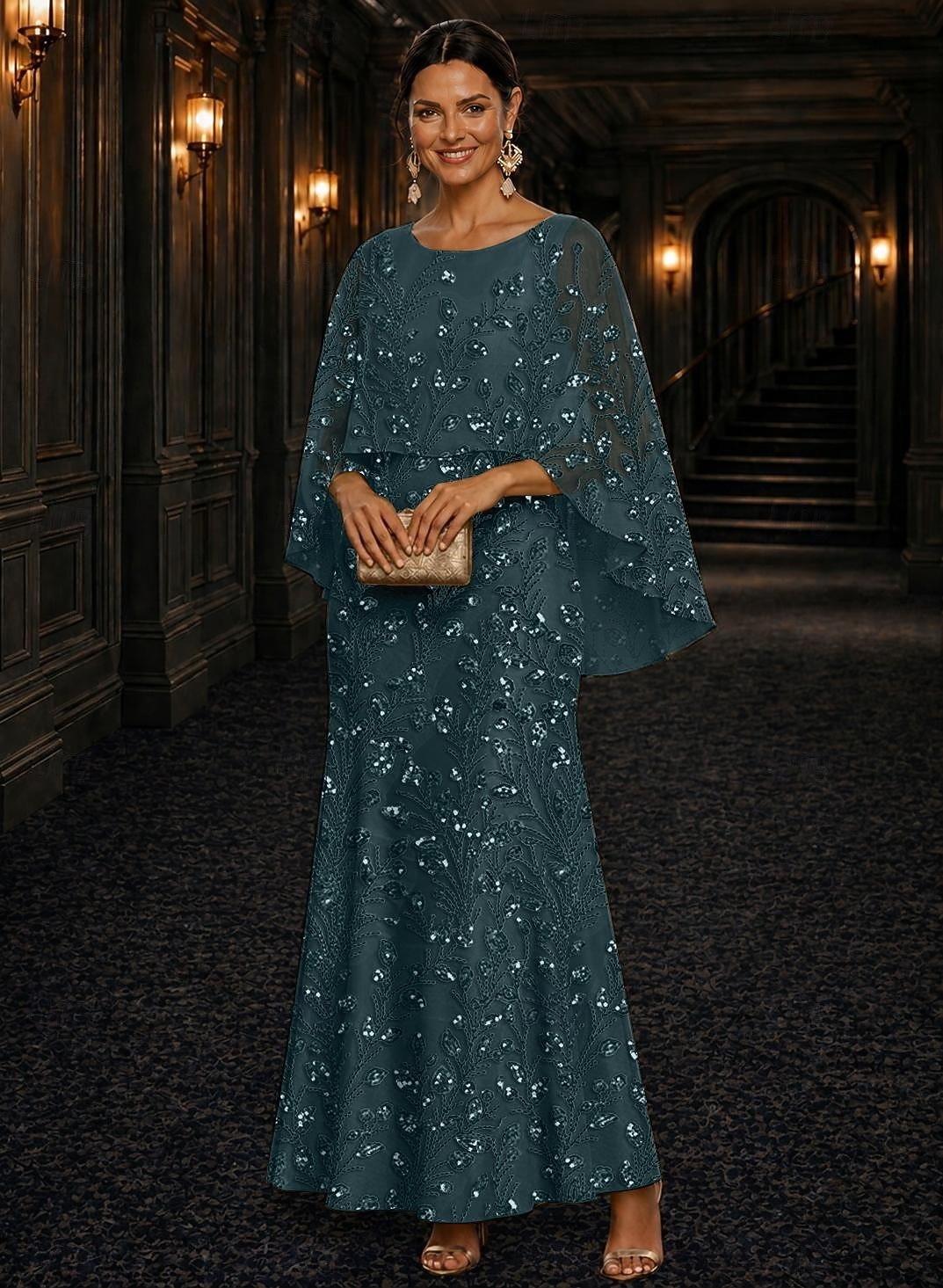 A-Line Dress Floor Length Ankle Length Cocktail Dress Mother of the Bride Dress Long Sleeve Scoop Neck Elegant Luxurious Sparkle & Shine Formal Wedding Guest Semi Formal Lace with Beading Sequin 2026 - $205.89 –P6