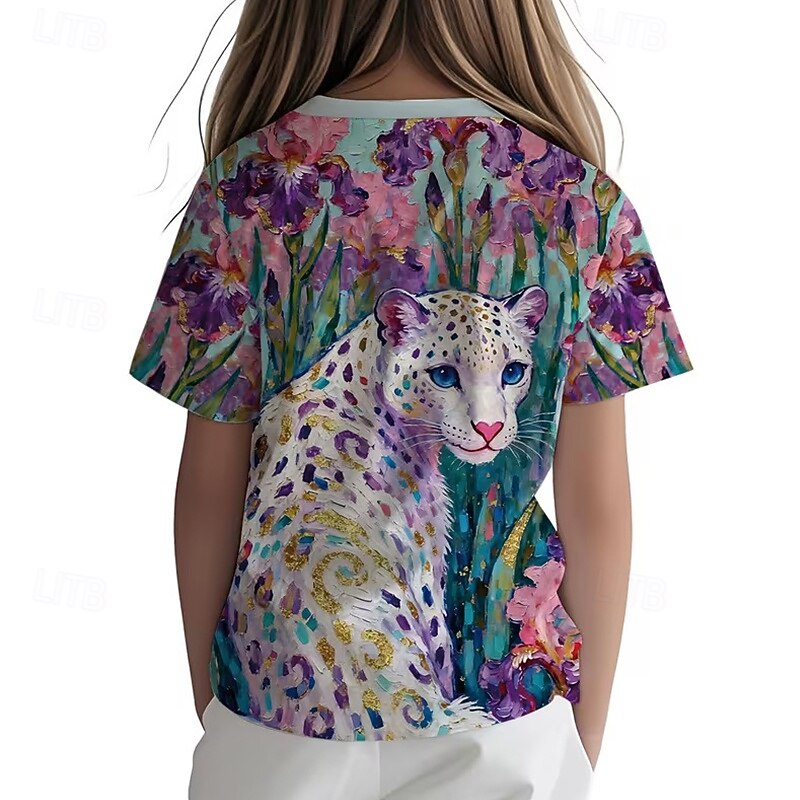 2026年 女の子 3D グラフィック レオパード Tシャツ Ｔシャツ 半袖 3Dプリント 夏 春 スポーツ ファッション ストリートファッション 子供 5〜12年 クルーネック カジュアル 日常 アウトドア レギュラー  コレクション – $13.49 –P5