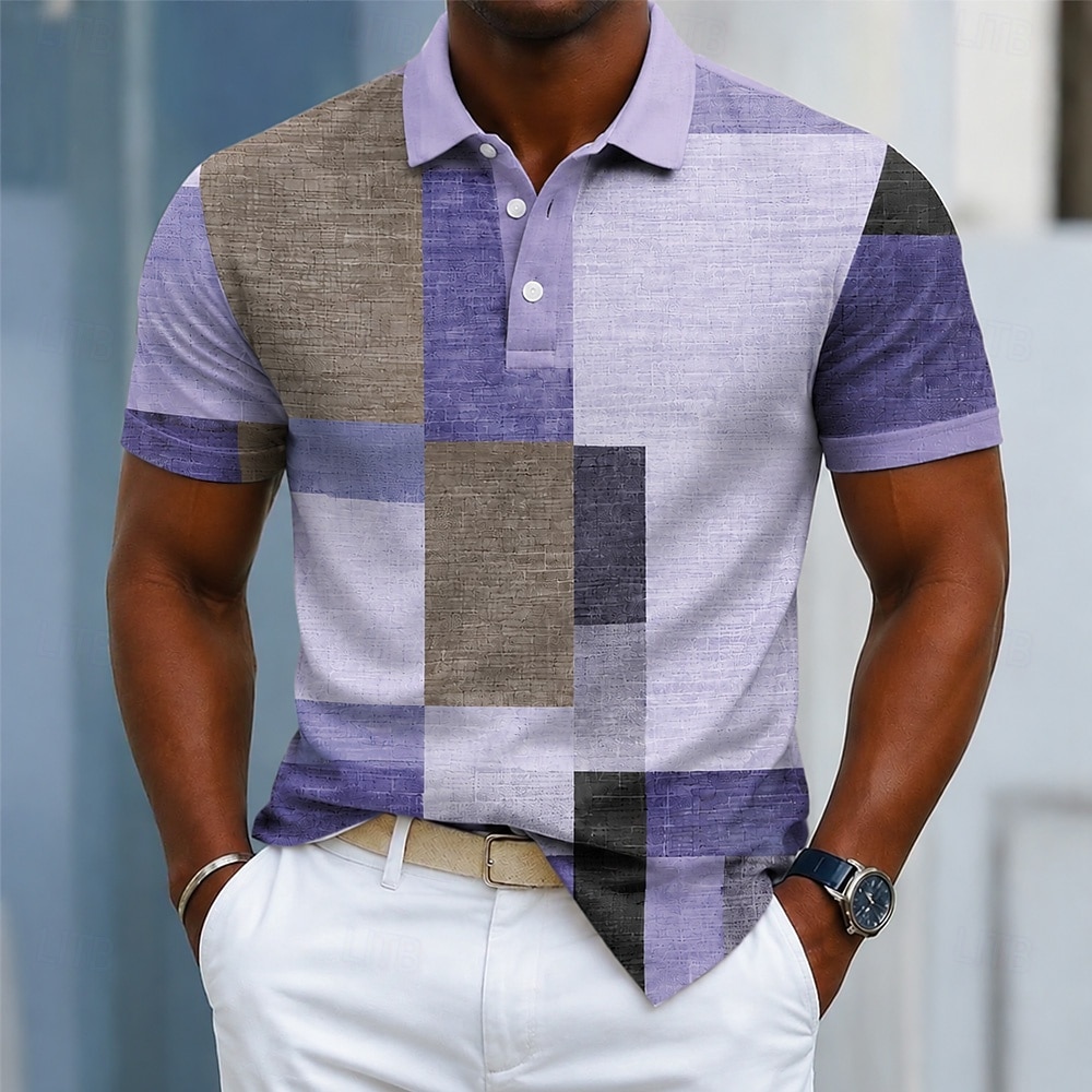 Per uomo Blocco di colori Geometrico Polo Manica Corta Magliette polo Camicie con Colletto Casual Athleisure Stampa 3D Bottoni Tessuto retato traspirante Primavera & Estate Blu Viola Verde del 2026 a $22.99 –P1