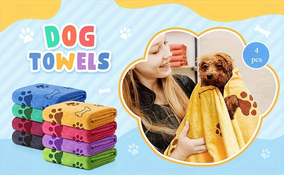 Quick-drying Pet Towels 4-pack, random colors, quick-drying, soft, absorbent polyester pet towels - bathing supplies for medium-sized dogs, paw print design. 2026 - $30.99 –P1