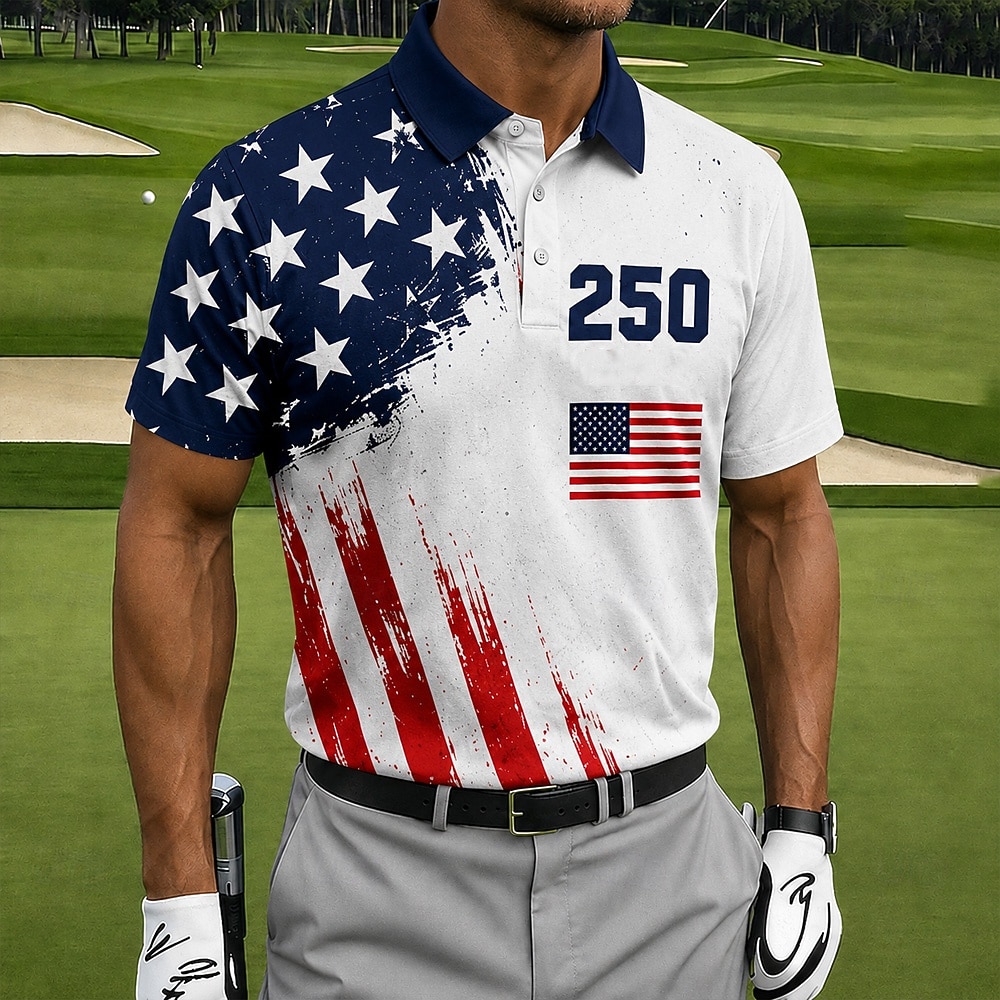 4th of July 2026 250th Men's American Flag Golf Sports Polo Shirts Short Sleeve Polo Shirts Collared Shirts Casual Athleisure 3D Print Buttons Breathable Mesh Spring & Summer Blue 1 Blue 2# 2026 - $22.99 –P2