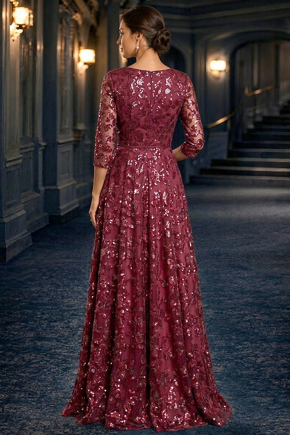 A-Linie Kleid Bodenlang Partykleid Cocktailkleid Brautmutterkleid Langarm V Ausschnitt Elegant Vintage luxuriös Formell Hochzeitsgast Kentucky Derby Chiffon Tüll mit Paillette Stickerei Blume 2026 - $182.99 –P2