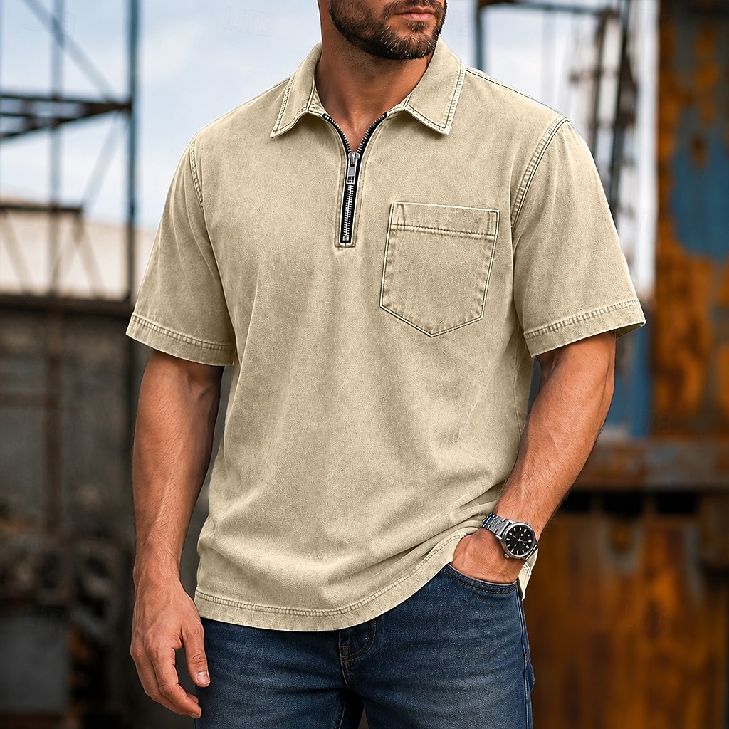Koszule polo SoftFade™ Męskie 100% Bawełna Koszula z efektem washed Casual Codzienny ubiór Zamek ćwierć zamka Krótki rękaw Vintage Podstawowa Gładka Kieszonka Zniszczona Lato Luźny krój Czarny Różowy 2026 - $35.99 –P1