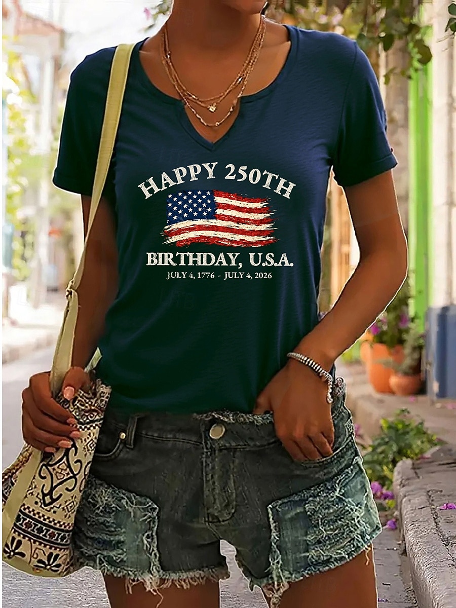 2026年 アメリカ独立記念日 女性用 Tシャツ プリント グラフィック アメリカの国旗 ヴィンテージ スタイリッシュ クラシック 半袖 ノッチネック レギュラートップス 日常 週末 ホワイト ルビーレッド インクブルー グリーン 夏 春  コレクション – $21.99 –P3