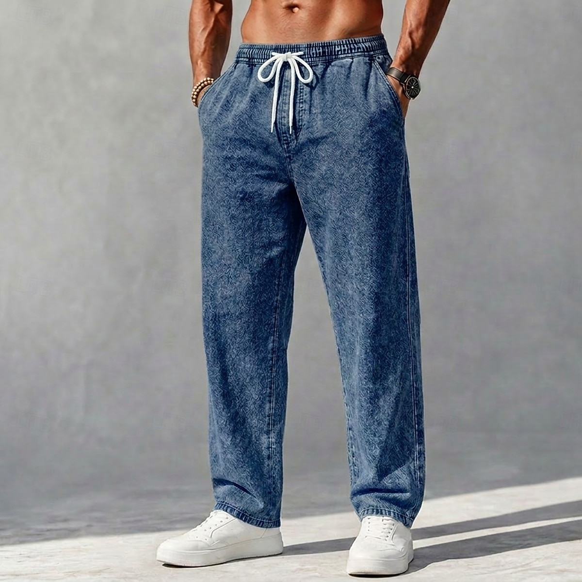 SoftFade™ Men's Trousers Casual Pants 100% Cotton Denim Pants Drawstring Elastic Waist Straight Leg Plain Comfort Breathable Full Length Casual Daily Outdoor Vacation Fashion Navy Blue Light Blue 2026 - $31.99 –P3