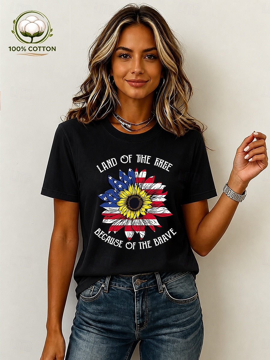Dia da Independência Americana Mulheres 100% Algodão Camiseta Imprimir Gráfico Bandeira americana Vintage à moda Casual Manga Curta Gola Redonda Tops regulares Casual Diário Final de semana Azul de 2026 por $21.99 –P1